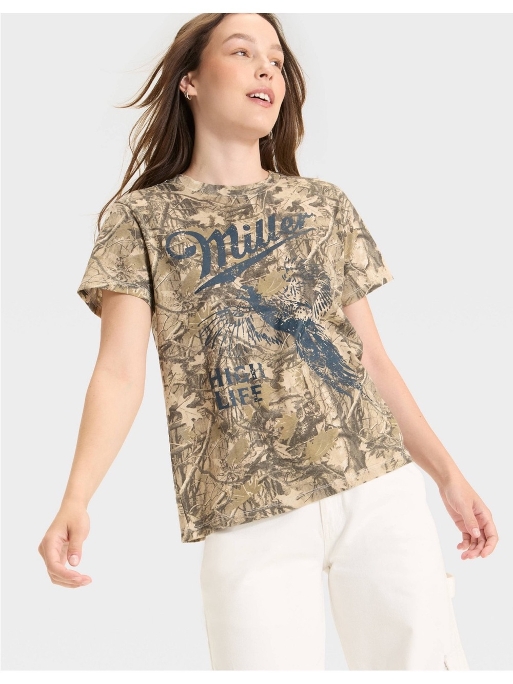 Miller High Life Graphic Camo Tee NWOT Tan with Navy Print Size Large